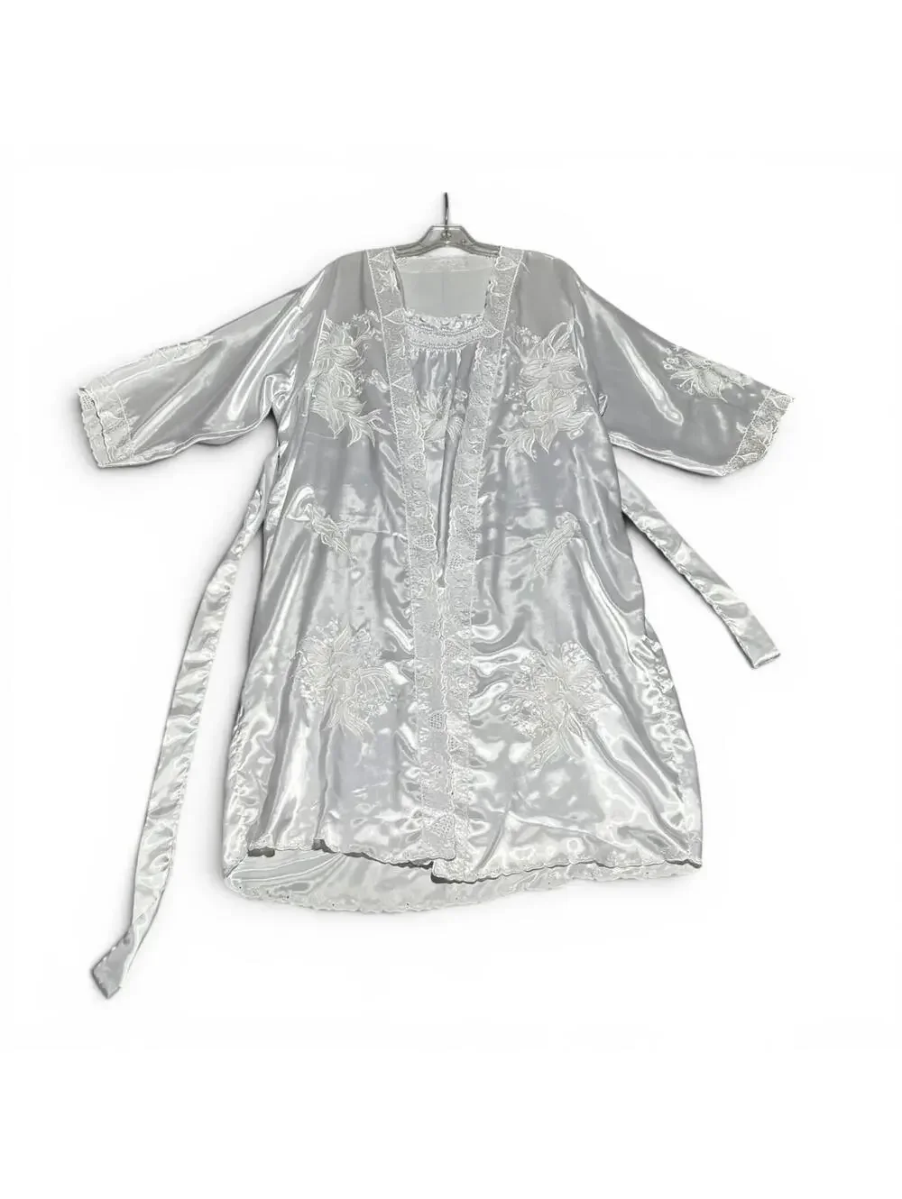 Vintage Silver Satin Lace Trim Robe and Nightgown Set